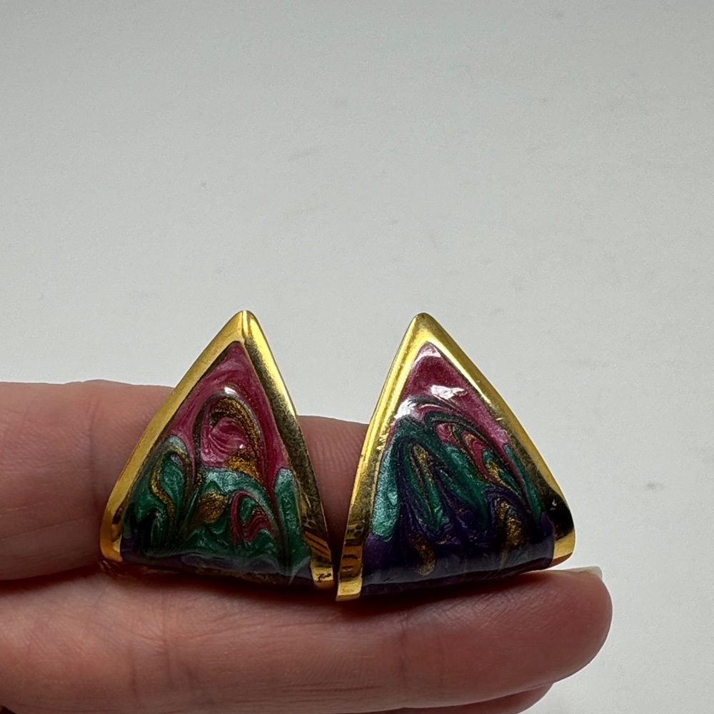 Vintage Enamel Swirl Triangle Earrings